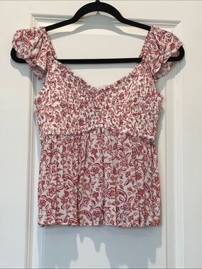 Hollister White Smocked Floral Camisole with Red Print
